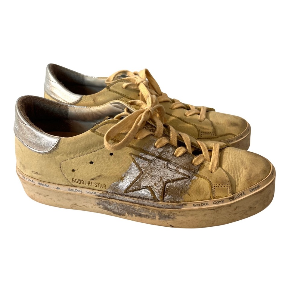 Golden Goose Hi Star Sneakers Womens 40 Yellow Silver Platform Distressed Grunge